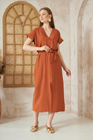 Kadın Hardal Keten Kemerli Kısa Kollu Yazlık Rahat Kesim Yırtmaçlı Günlük Uzun Elbise 3221300