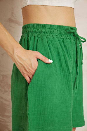 Kadın Turuncu Müslin Pamuk Cepli Beli Lastikli Salaş Şort 3425180