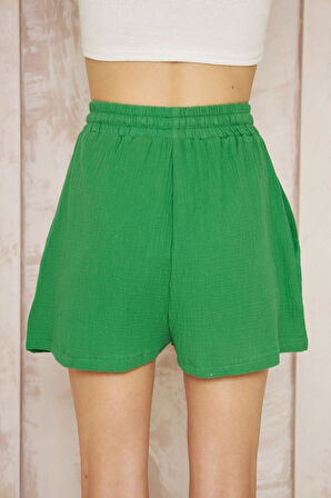 Kadın Turuncu Müslin Pamuk Cepli Beli Lastikli Salaş Şort 3425180