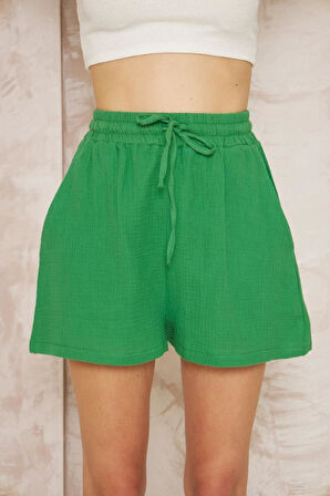 Kadın Turuncu Müslin Pamuk Cepli Beli Lastikli Salaş Şort 3425180