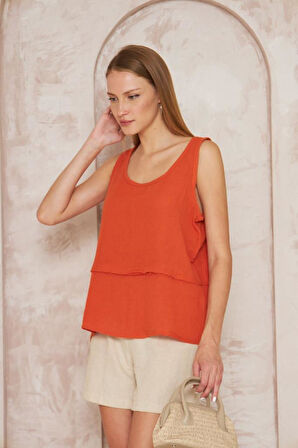 Kadın Haki Muslin Pis Dikiş Askılı Katlı Salaş Basic Atlet Bluz 3423180