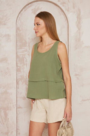 Kadın Haki Muslin Pis Dikiş Askılı Katlı Salaş Basic Atlet Bluz 3423180