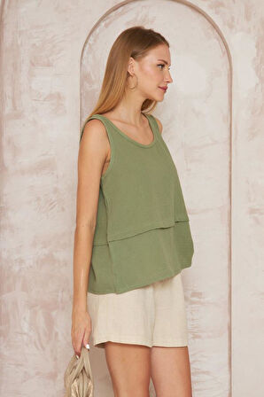 Kadın Haki Muslin Pis Dikiş Askılı Katlı Salaş Basic Atlet Bluz 3423180