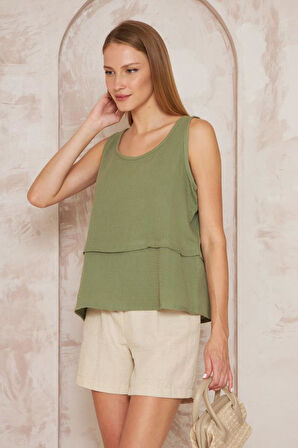 Kadın Haki Muslin Pis Dikiş Askılı Katlı Salaş Basic Atlet Bluz 3423180