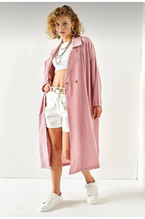 Kadın Ekstra Bol Kesim Salaş Kemerli Cepli Düğmeli Yumuşak Dokulu Uzun Trençkot Hırka 3335370