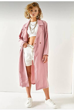 Kadın Ekstra Bol Kesim Salaş Kemerli Cepli Düğmeli Yumuşak Dokulu Uzun Trençkot Hırka 3335370