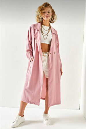 Kadın Ekstra Bol Kesim Salaş Kemerli Cepli Düğmeli Yumuşak Dokulu Uzun Trençkot Hırka 3335370