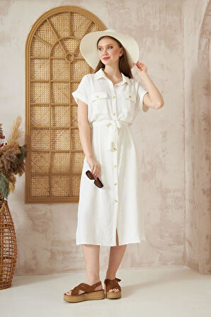 Kadın Safari Cepli Kemerli Airobin Koyu Gri Kısa Kollu Düğmeli Günlük Uzun Gömlek Elbise 4045250