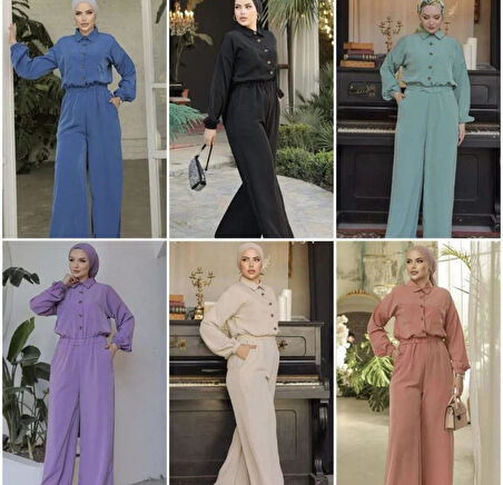 Kadın Cepli Beli Kolu Lastikli Uzun Kol Bol Kesim Tesettüre Uygun Kupra Tulum 3360400