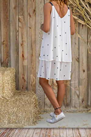 Kadın Şifon Nakış-Deri Askı Detaylı Giy Çık İki Kat Askılı Günlük Midi Elbise(ASTARSIZDIR) 3420300