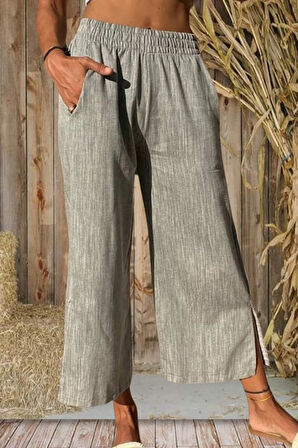 Kadın Keten Beli Lastikli Cepli Paçası Yırtmaçlı Salaş Kapri Bermuda Pantolon 3404209