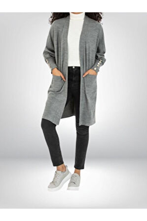 Kadın Kolları Düğme Detaylı Yırtmaçlı Yumuşak Dokulu Gri Uzun Triko Hırka 3442260