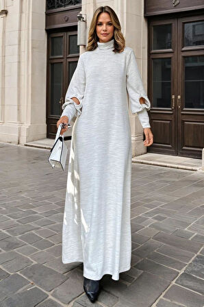 Kadın Uzun Kollu Manşetli Balon Kol A Kesim Akrilik Salaş Triko Elbise 3444300