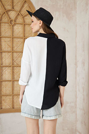 Kadın Müslin %100 Pamuk Salaş Color Block Iki Renkli Uzun Kollu Mavi Gömlek 3458240648