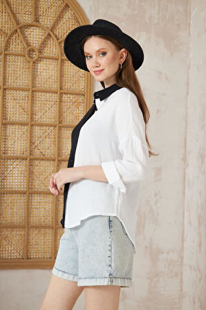 Kadın Müslin %100 Pamuk Salaş Color Block Iki Renkli Uzun Kollu Mavi Gömlek 3458240648