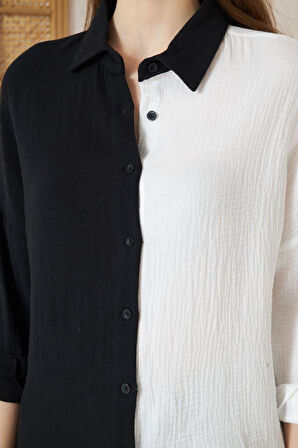 Kadın Müslin %100 Pamuk Salaş Color Block Iki Renkli Uzun Kollu Mavi Gömlek 3458240648