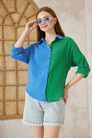 Kadın Müslin %100 Pamuk Salaş Color Block Iki Renkli Uzun Kollu Mavi Gömlek 3458240648