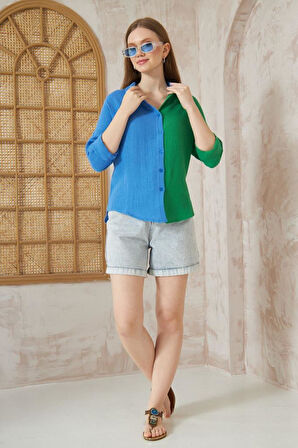Kadın Müslin %100 Pamuk Salaş Color Block Iki Renkli Uzun Kollu Mavi Gömlek 3458240648