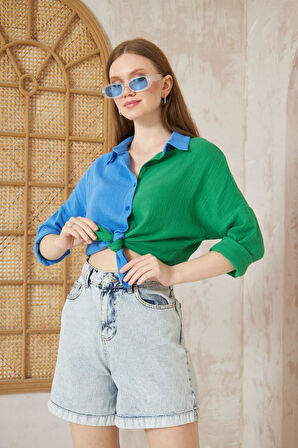 Kadın Müslin %100 Pamuk Salaş Color Block Iki Renkli Uzun Kollu Mavi Gömlek 3458240648