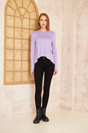 Kadın Beyaz Yumuşak, Parmak Eldiven Detaylı, Asimetrik Pliseli Salaş Basic Spor Yoga Bluz 3459150