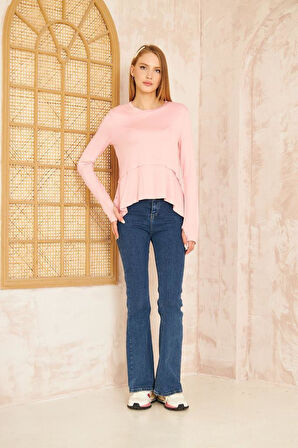 Kadın Beyaz Yumuşak, Parmak Eldiven Detaylı, Asimetrik Pliseli Salaş Basic Spor Yoga Bluz 3459150