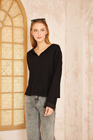 Kadın Ekstra Uzun Duble Kol / Yakası Yırtmaçlı Salaş Sweatshirt Bluz 3470190