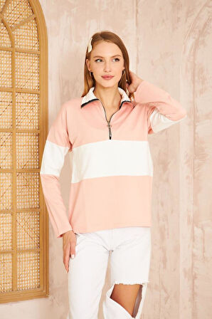 Kadın Mint Bej Uzun Kol Fermuarlı Polo Yaka Color Block Basic Salaş Sweatshirt Bluz 3471210