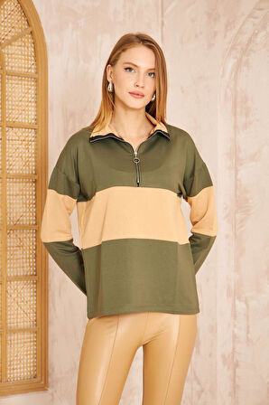 Kadın Mint Bej Uzun Kol Fermuarlı Polo Yaka Color Block Basic Salaş Sweatshirt Bluz 3471210