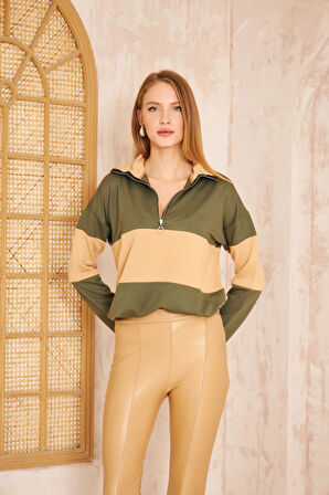 Kadın Mint Bej Uzun Kol Fermuarlı Polo Yaka Color Block Basic Salaş Sweatshirt Bluz 3471210