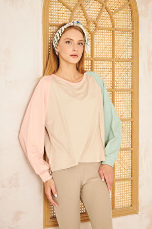 Kadın Beyaz Fıstık Yeşil Gri Yuvarlak Yaka Dikiş Detaylı Uzun Kollu Sweatshirt Bluz 3472200