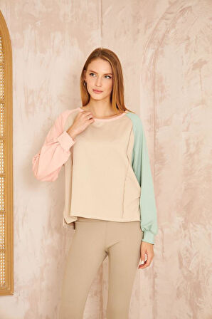 Kadın Beyaz Fıstık Yeşil Gri Yuvarlak Yaka Dikiş Detaylı Uzun Kollu Sweatshirt Bluz 3472200