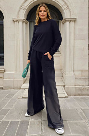 Kadın Uzun Kollu Sweatshirt , Bol Paça Beli Lastikli Cepli Pantolon - Alt & Üst Takım 3485500