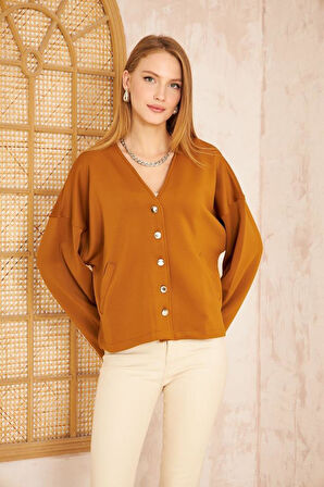 Kadın Siyah Scuba Kumaş Gümüş Düğme Detaylı Uzun Kollu Cepli Ceket Hırka 3510210