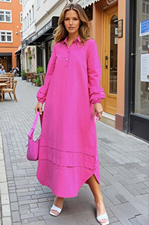 Kadın Hakim Yaka, Kol ve Etek Katlama Detaylı Salaş Uzun Kollu Poplin Elbise 3517300