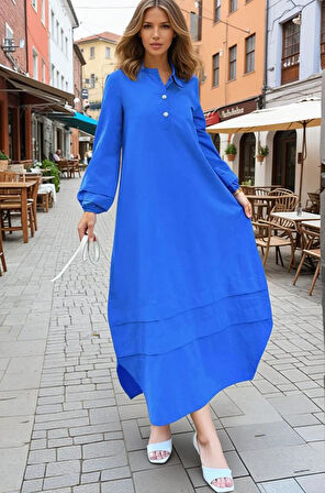 Kadın Hakim Yaka, Kol ve Etek Katlama Detaylı Salaş Uzun Kollu Poplin Elbise 3517300