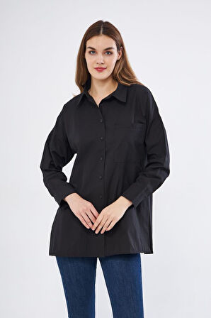 Kadın Uzun Kollu Terikoton Özel Kumaş Cepli  Spor Uzun Tunik Gömlek 3518185