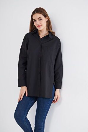 Kadın Uzun Kollu Terikoton Özel Kumaş Cepli  Spor Uzun Tunik Gömlek 3518185