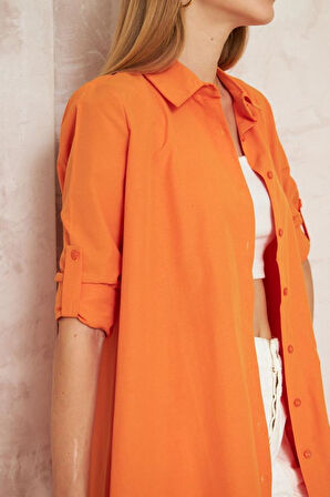 Kadın Asimetrik Tesettüre Uygun Uzun Terikoton Turuncu Tunik Gömlek Elbise 4912230