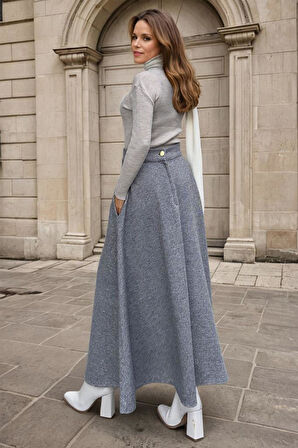 Kadın Kışlık Kırçıllı Kaşe Etek, Cepli, Yüksek Bel, Uzun, Kiloş 3528275