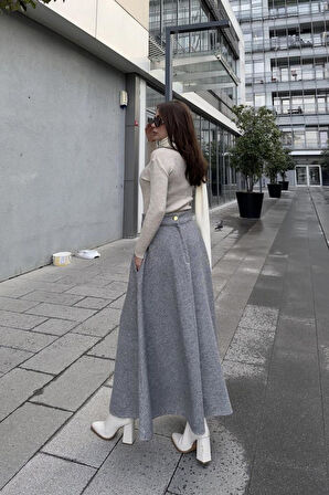 Kadın Kışlık Kırçıllı Kaşe Etek, Cepli, Yüksek Bel, Uzun, Kiloş 3528275