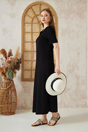 Kadın Kahverengi Yırtmaçlı Tam Kalıp Polo Yaka Kısa Kollu Uzun Günlük Rahat Spor Elbise 3525250