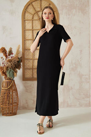 Kadın Kahverengi Yırtmaçlı Tam Kalıp Polo Yaka Kısa Kollu Uzun Günlük Rahat Spor Elbise 3525250