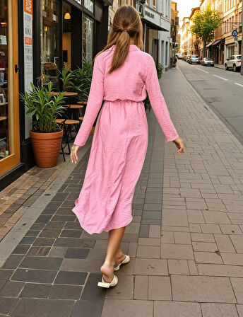 Kadın Hasır Kemer Detaylı Uzun Kollu Beli Büzgülü Keten Gömlek Elbise Yb2837400