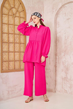 Kadın Benetton Gofre Balon Kol Büzgülü Tunik / Beli Lastikli Cepli Pantolon Tesettür Takım 3531360