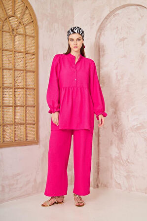 Kadın Benetton Gofre Balon Kol Büzgülü Tunik / Beli Lastikli Cepli Pantolon Tesettür Takım 3531360