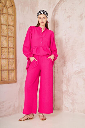 Kadın Benetton Gofre Balon Kol Büzgülü Tunik / Beli Lastikli Cepli Pantolon Tesettür Takım 3531360