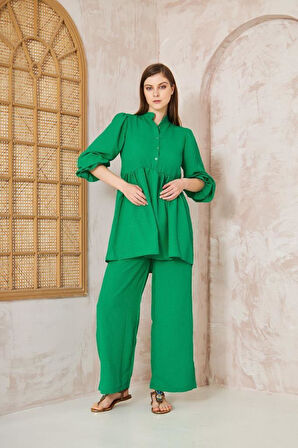 Kadın Benetton Gofre Balon Kol Büzgülü Tunik / Beli Lastikli Cepli Pantolon Tesettür Takım 3531360