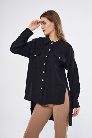 Pasaklı Giyim Kadın Oversize Arkası Uzun Pileli Uzun Kollu Haki Uzun Keten Gömlek Tunik 3524260