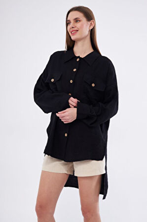 Pasaklı Giyim Kadın Oversize Arkası Uzun Pileli Uzun Kollu Haki Uzun Keten Gömlek Tunik 3524260