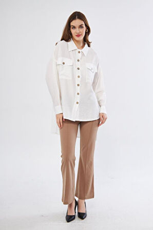 Pasaklı Giyim Kadın Oversize Arkası Uzun Pileli Uzun Kollu Haki Uzun Keten Gömlek Tunik 3524260